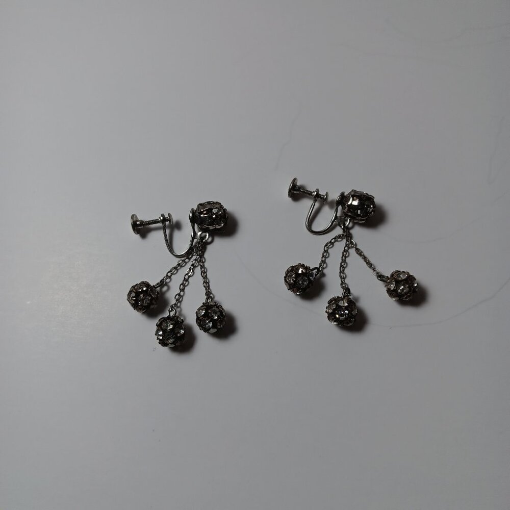 VTG clear rhinestone 3 stand  disco ball dangle chandelier screw back earring